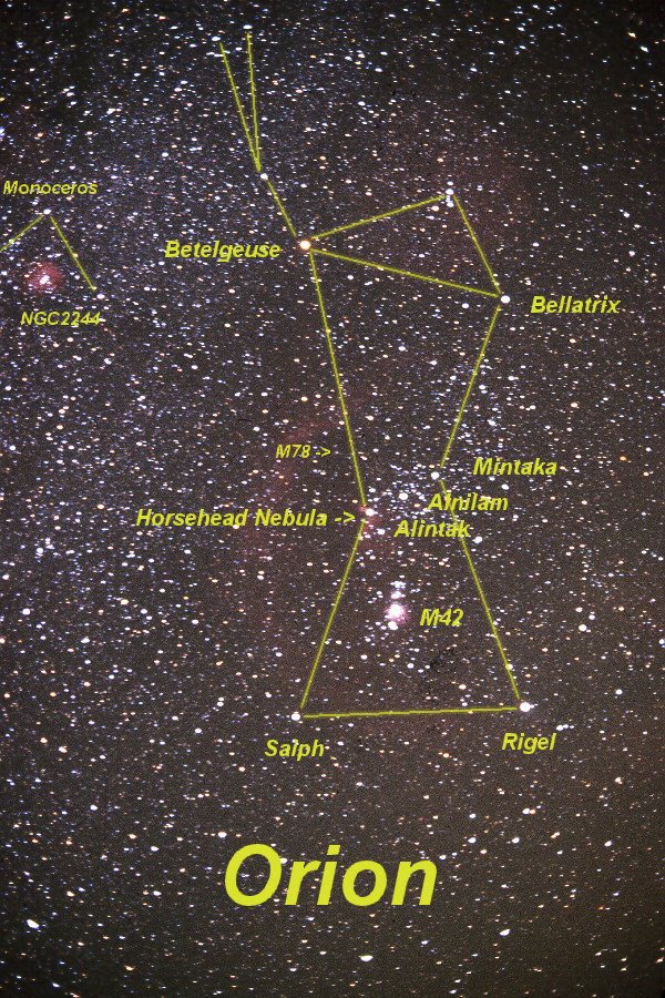 Orion Constellation with overlay - 50-mm. 1/18/85. Copyright Ed Flaspoehler